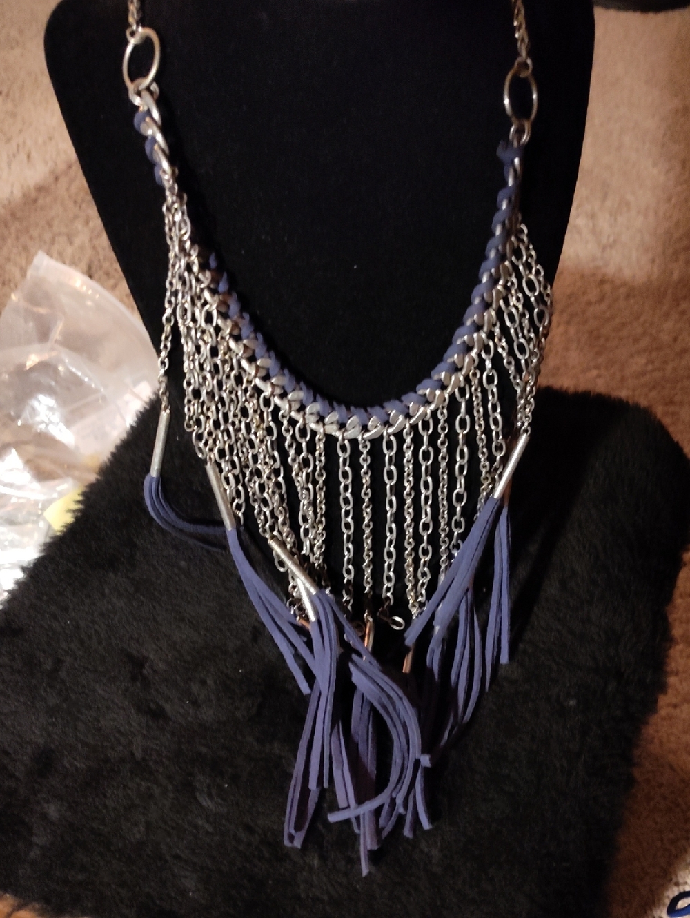 Braided Fringe Chain Necklace in Navy with Silver Chains